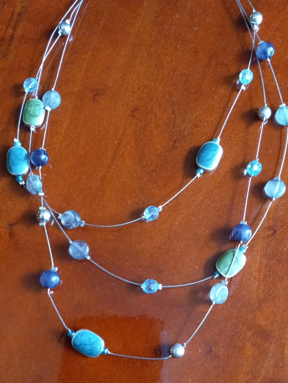 Lia Sophia Floating Sea Glass Teal Blue Green Beaded 3 Strand Illusion Necklace